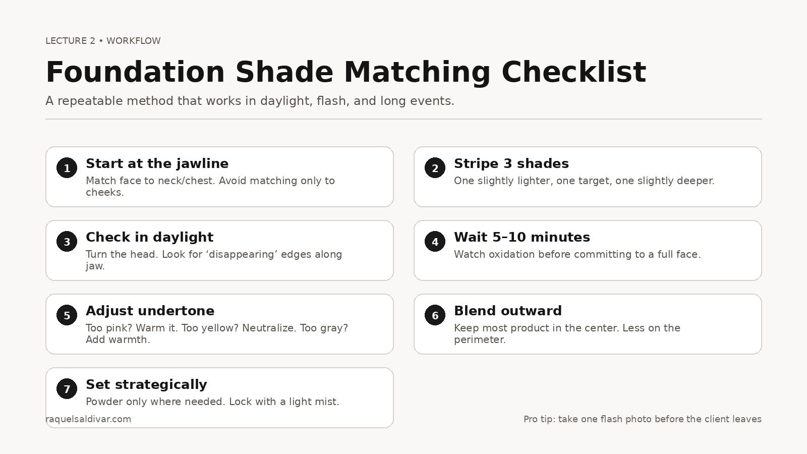 Foundation shade matching checklist: jawline test, daylight check, oxidation wait time