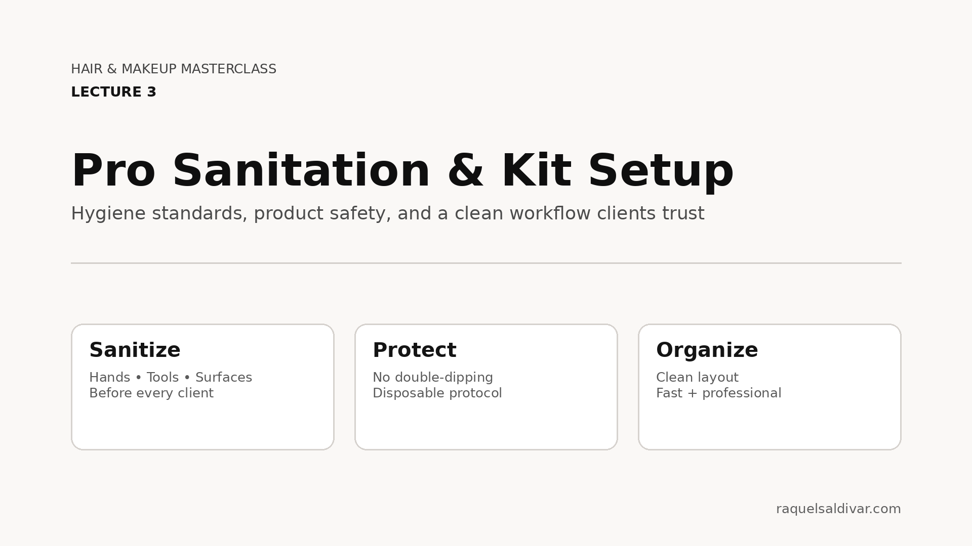 Hair and Makeup Masterclass Lecture 3 cover: Pro Sanitation and Kit Setup