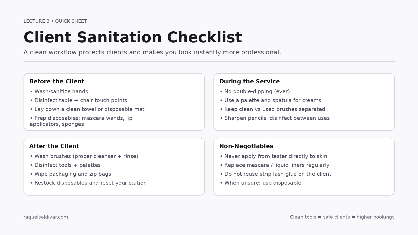 Client sanitation checklist for makeup artists: before, during, after, non-negotiables